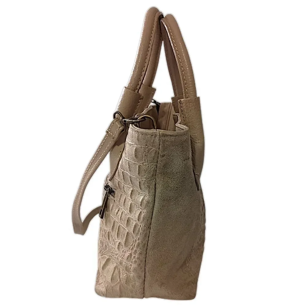 Borse in Pelle Suede Crossbody Bag Mini Bucket Bag Faux Croc Embossed Tan Italy.